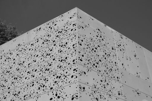A grayscale shot of a building facade with lots of spots