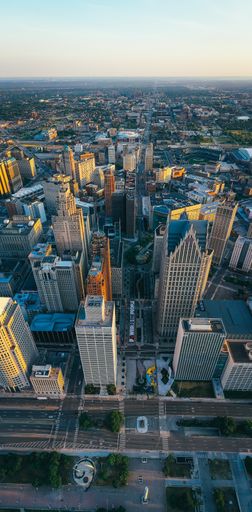 Vertical Panorama of Detroit, MI highlighting the "Power to the People" artwork painted on Woodward Avenue.