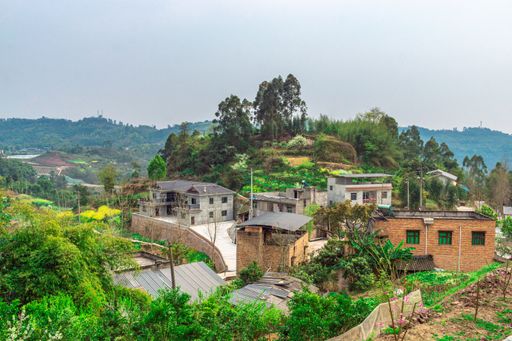 An old houses on a hill surrounded with green trees