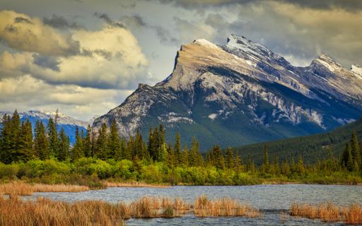 A beautiful view of a calm lake surrounded by trees and mountains in Banff, Canada