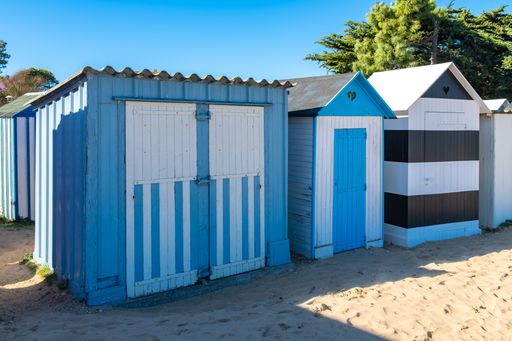 Wooden beach cabins on the Oleron island in France, colorful huts