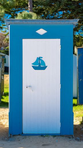 Wooden beach cabins on the Oleron island in France, colorful huts