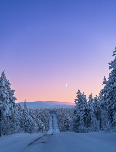 A vertical shot of a road in a rural area in winter with a colorful sunset in the sky