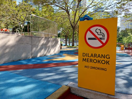 A no smoking sign in a public park on a sunny day