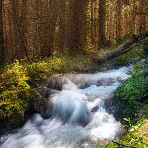 A beautiful shot of sunrise through the forest with a stream flowing