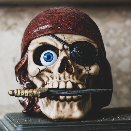 A closeup shot of a pirate skull figure with a knife in its mouth