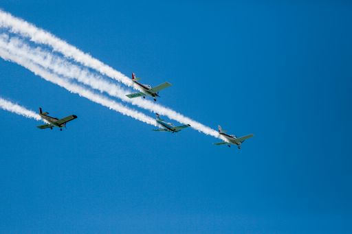 A low angle shot of an aircraft display in a blue sky over Malaga, Spain