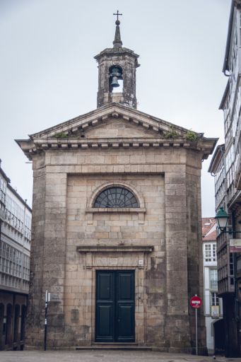 A vertical shot of the church of San Bieito do Campo in Santiago de Compostela, Spain