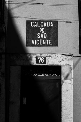 A vertical grayscale shot of a house door in Lisbon, Calcada de Sao Vicente
