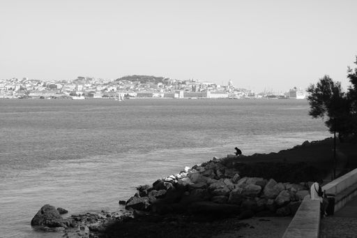 A lonely unidentifiably man look at the tagus, with Lisbon in the backgrou