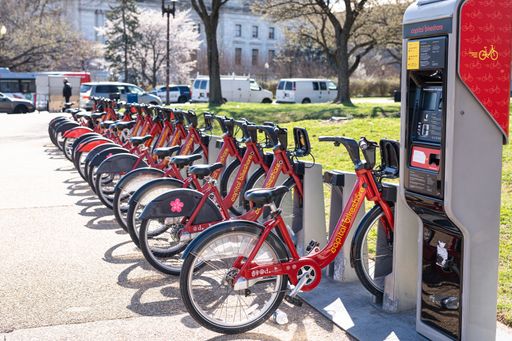 Capital Bikeshare bikes at a docking station in downtown Washington D.C.