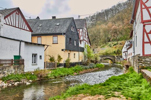 A beautiful shot of houses in Monreal, Germany with the Elzbach river with trees against a blue sky