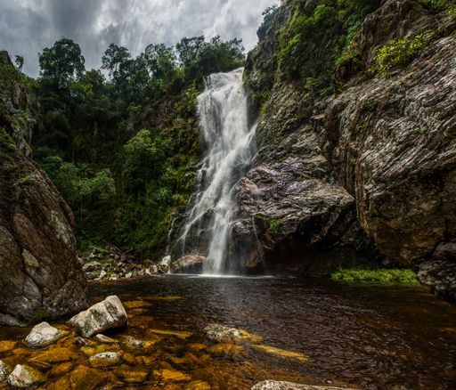 A beautiful shot of a waterfall surrounded by trees at daytime