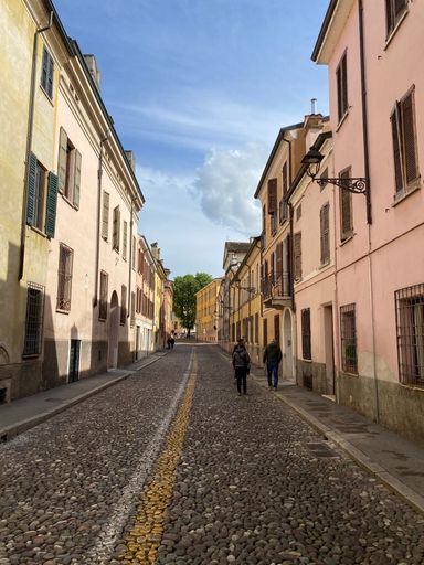 A vertical shot of a cobblestone alley with colorful houses in Mantova, Italy