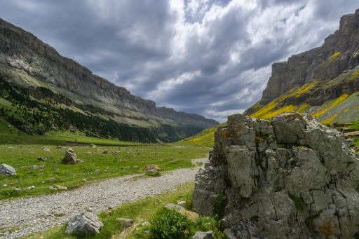 A view of a beautiful hiking trail surrounded by amazing nature in the Spanish national park Ordesa y Monte Perdido