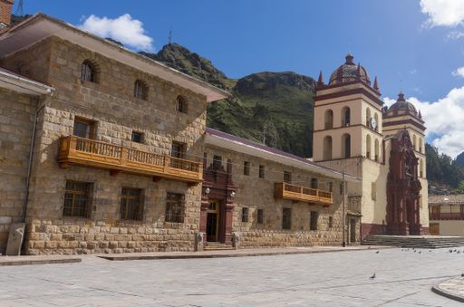 A beautiful shot of the Spanish Colonial Church in the main square of the city of Huancavelica, Peru