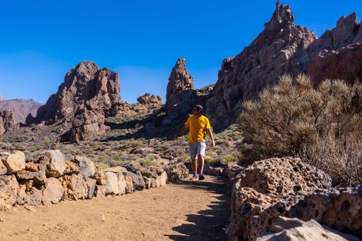 A back shot of a tourist walking next to the Roques de Gracia and the Roque Cinchado in the natural area of Teide in Tenerife, Canary Islands, Spain