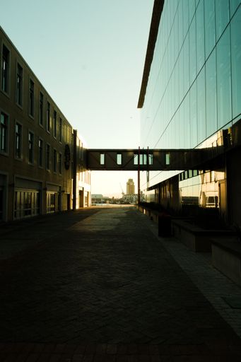 a vertical shot of urban building with bridge between houses