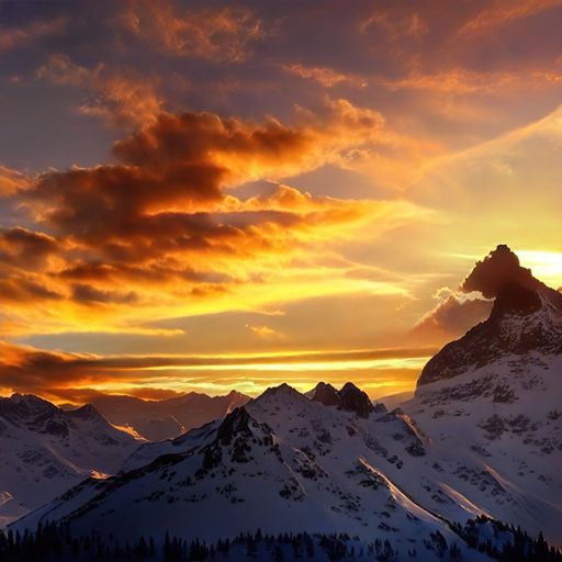 A beautiful view of a snowy mountain landscape under the cloudy sky during sunset