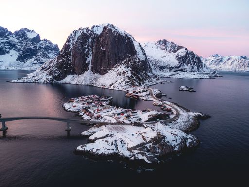 An aerial shot of Lofoten Island mountains in winter