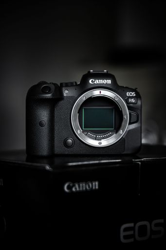 A vertical closeup shot of Canon EOS R6 mirrorless camera
