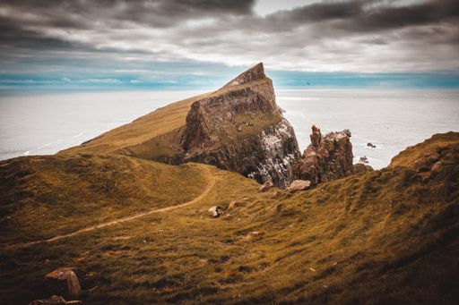A beautiful scenery of rocky cliffs on the seacoast on the island of mykines in the Faroe