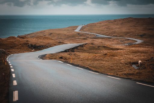 An empty road in a desert area in the Faroe Islands at daytime