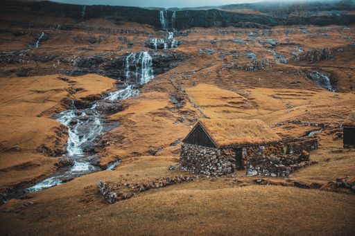 A high angle shot of buildings by the lake surrounded by rocky cliffs in the Faroe Islands