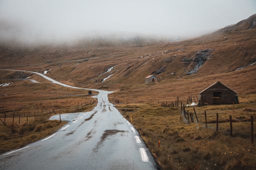 An empty road in a desert area in the Faroe Islands at daytime