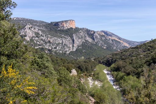 A view of flumineddu river on a hiking trail to Gola Su Gorropu gorge and supramonte mountains