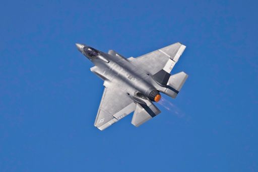 A low angle closeup of an F-35 in flight at Huntington Beach Airshow