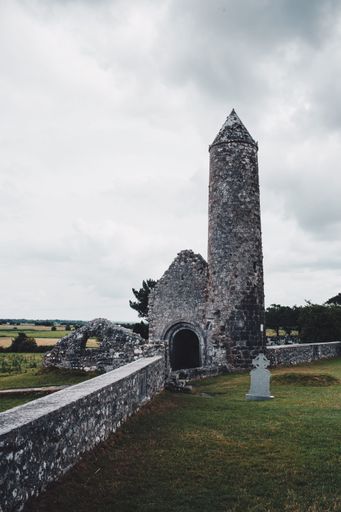 A vertical shot of the Clonmacnoise monastery in County Offaly, Ireland