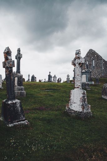 A vertical shot of Celtic crosses in a cemetery at Clonmacnoise monastery. County Offaly, Ireland