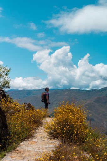A vertical view of a man standing at a height looking at the landscape of mountains