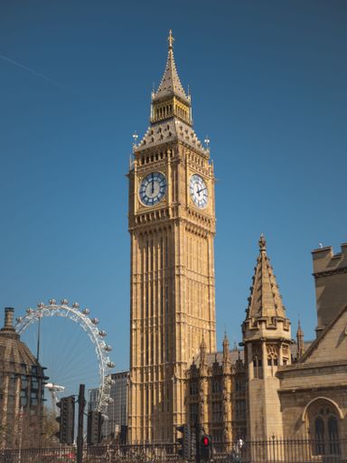 A vertical shot of the Big Ben, London Eye and Saint Paul's Cathedral in London, United Kingdom
