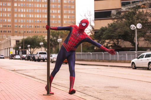 A Spider-Man visiting downtown Fort Worth, Texas, USA