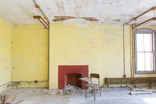 An abandoned and ruined interior of a building