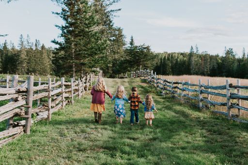 A back view of four siblings in the Doak House area, New Brunswick