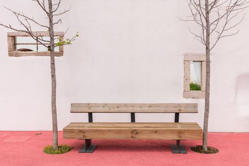 A wooden bench with bare trees against a white wall at the Almonda park, Torres Novas, Portugal