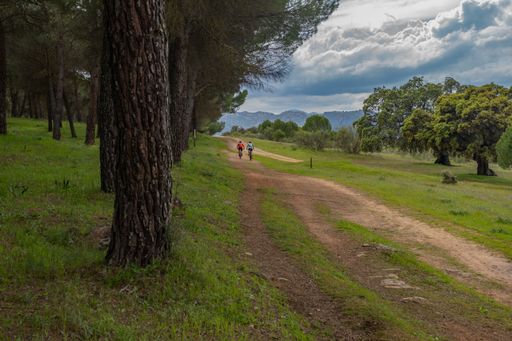mountain scenery with two unrecognizable cyclists in the background ,mountan bike