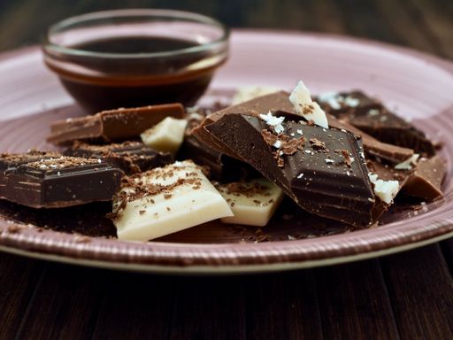 close up  view of raw chocolate, white, milk, dark and melted, served on a pink plate