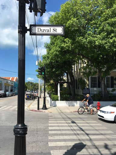 A vertical shot of the sign for Duval St in Key West, USA