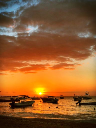 A vertical shot of white boats near the beach during sunset