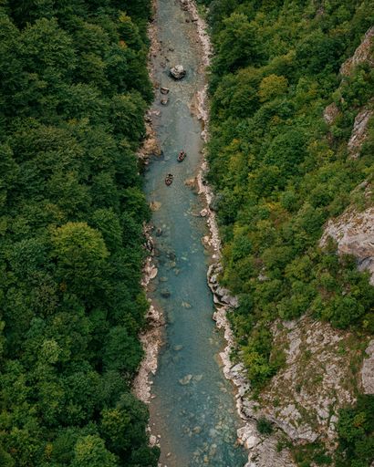 A vertical high angle shot of a thin narrow river flowing through a forest surrounded by greenery