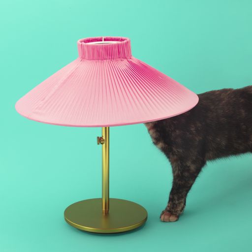 A studio shot of a cat under a pink lampshade against a green background