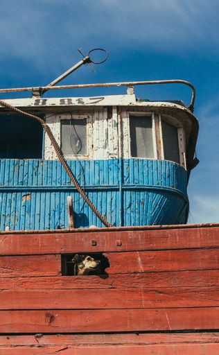 A vertical shot of a red and blue wooden ship with a cute dog sticking its head out of a hole