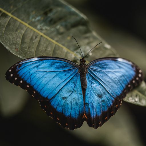 A close-up shot of a beautiful Blue morpho butterfly on a leaf in the garden