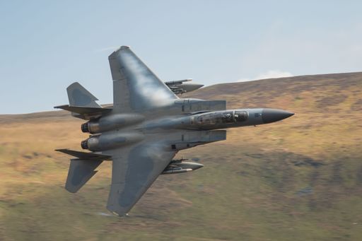 A closeup shot of a F15 flying in the Mach Loop Wales