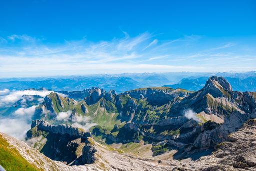 A view of Santis Schwagalp Mountain under the sunny blue sky in warm weather in Switzerland