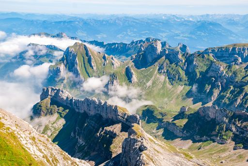 A view of Santis Schwagalp Mountain under the sunny blue sky in warm weather in Switzerland